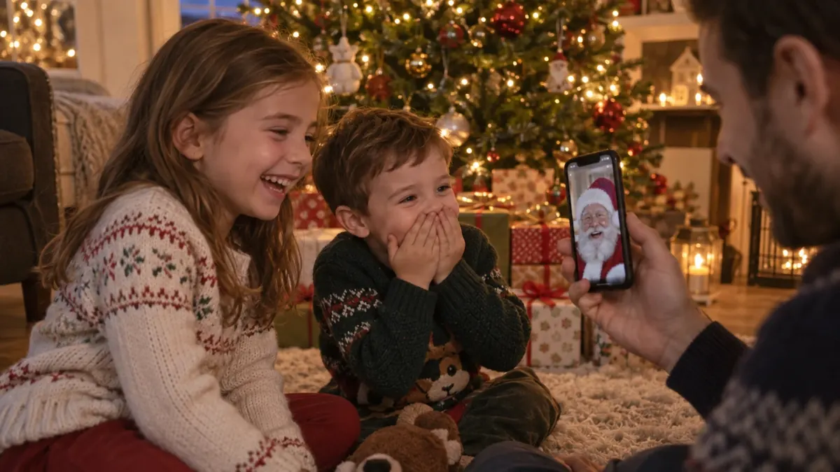 Sourozenci mluví se Santa Clausem do telefonu u vánočního stromečku