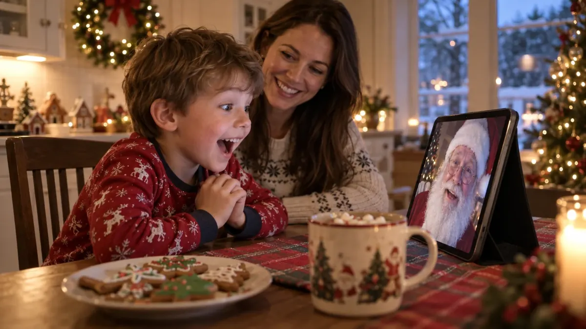 Chlapec s maminkou mluví u stolu se Santa Clausem přes tablet